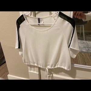 White Top with black sheer sleeves and cropped tie